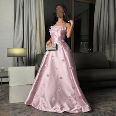 Pink Floral Strapless Evening Gown