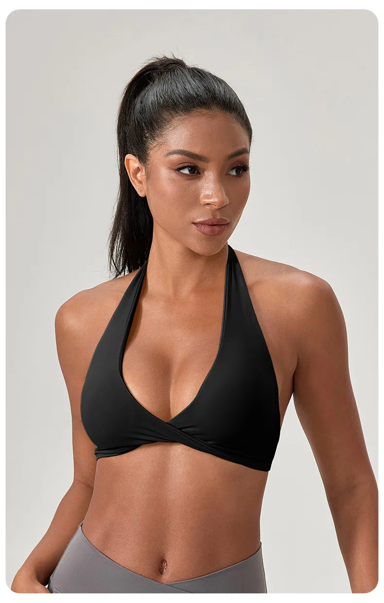 Strappy Bra for Women Open Back Halter Sports Bra Light Support Gym Crop Top Seamless Workout Yoga Top Bra Padded Bras