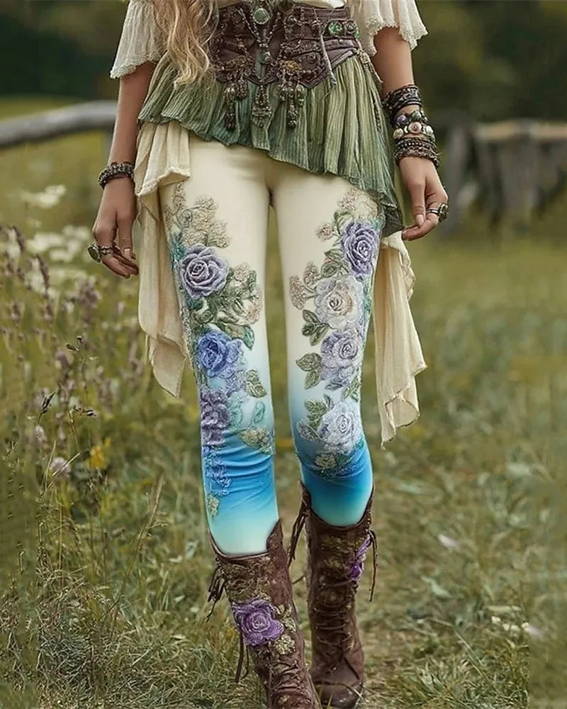 Women's Pants Flower Printed Leggings Cozy Leggings Casual Boho Full Length Elastic Waist Stretchy Vacation Street Daily Wear