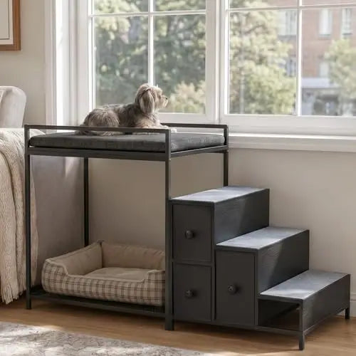 Pet Bunk Bed with Stairs and Storage, Dogs/Cats Window Perch, Bedside Lounge Elevated Dog Bed Multi-Level Platform with