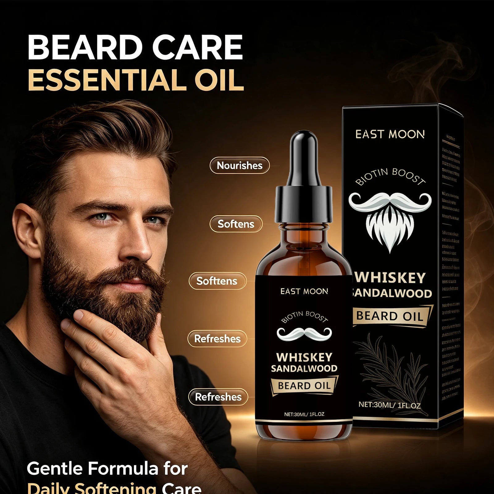 Men Biotin Beard Oil Soften Rough Beard Whiskey Sandalwood Beard Care Oil Hydrate Soothe Under-Beard Skin Men Facial Hair Serum