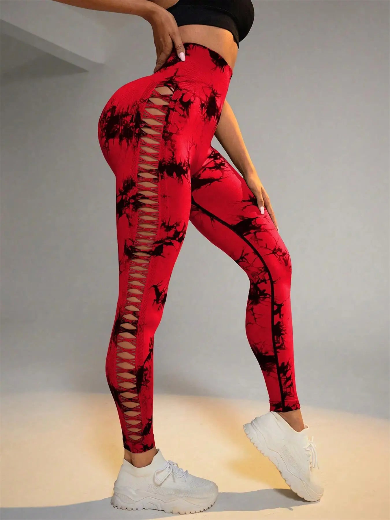 Women's Sporty Tie-Dyed Side-Cut Yoga Pants, Fashionable High-Waisted Hip-Lifting Sports Pants, Seamless Stretch Tight Pants
