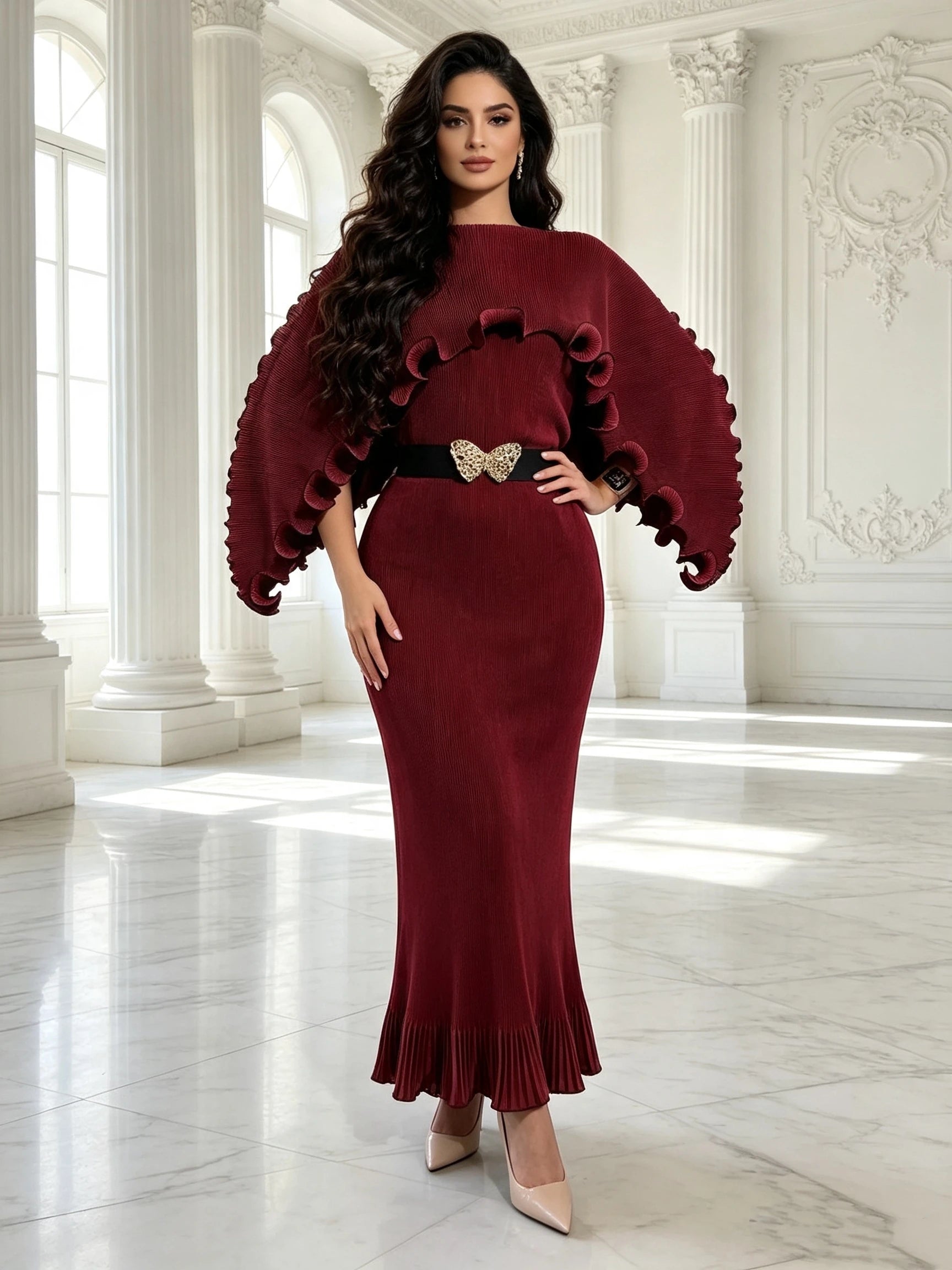 Elegant Pleated Long Dress with Butterfly Belt Women Cape Sleeve Wave Edge Ruffle Evening Party Dress