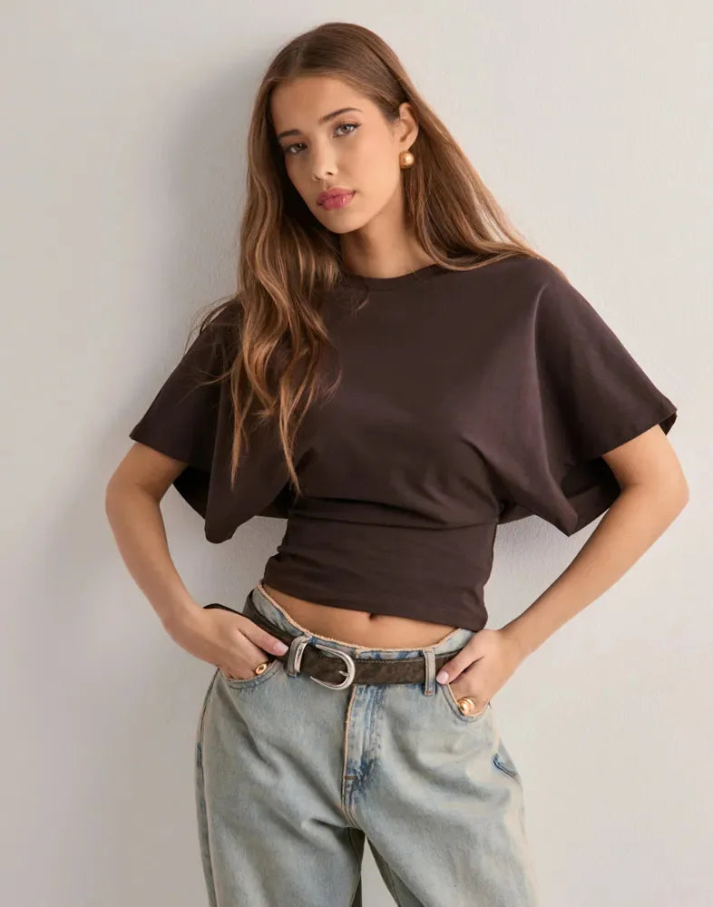 Women's T-shirts Crew Neck Ruched Waist Slim Fit Solid Color Casual Cropped Tee Summer Streetwear Basic Daily Wear Top