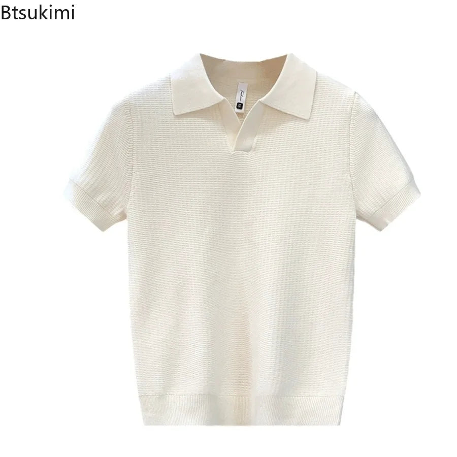2026 Men's Summer Polo Shirt Korean Style Slim Wrinkle Resistant Collar Solid Color T-Shirts Casual Thin Sleeve Trendy Knit Tops