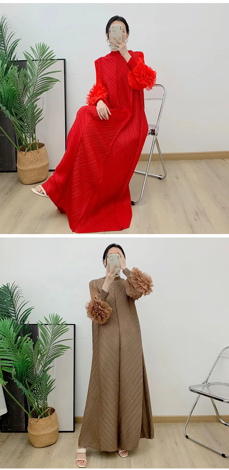 Women Elegant Evening Party Dresses 2025 Summer New Solid Colour Classic Long Sleeve Plate Flower Design Prom Dresses Female