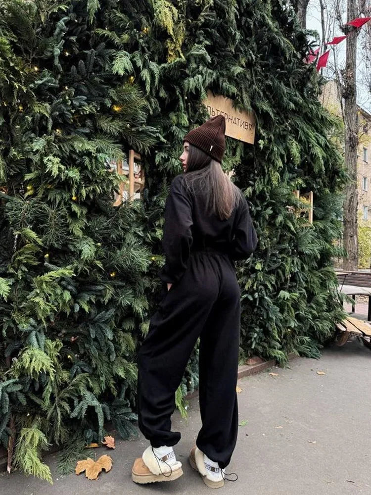 Jumpsuit Women 2026 New Fashionable Long Sleeved Jumpsuit for Women's Casual Half Open Collar Elastic Waist Jumpsuit