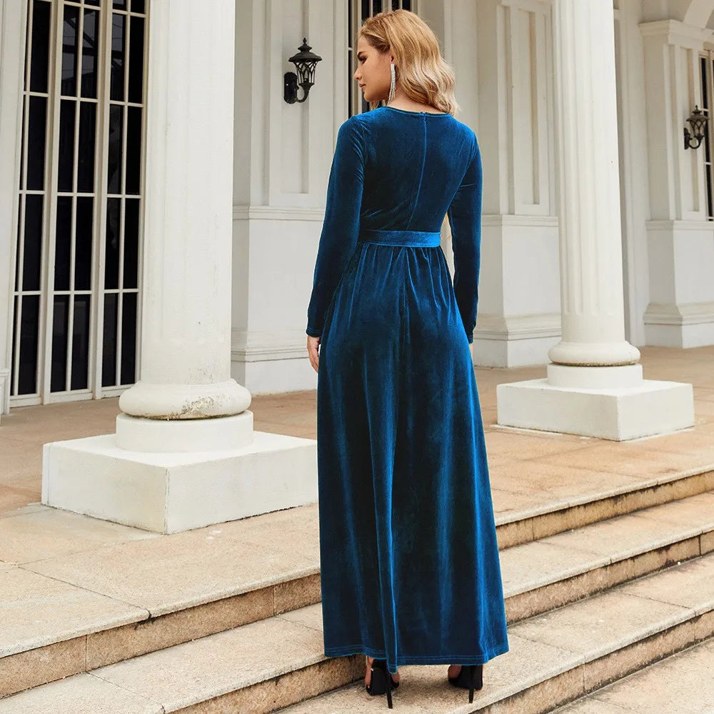 Women's Elegant A-Line Velvet Dress for Wedding Guest Prom Party Wedding Party, Long Sleeve Round Neck Belted Full Skirt