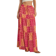 Women's Bohemian Skirts Vintage Elastic High Waist A-Line Skirts Tiered Long Skirts with Pockets