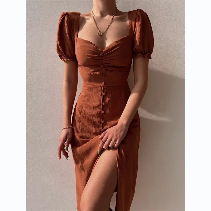 Elegant Dresses Women Summer Sexy Dress 2024 New V-Neck Single Breasted Short Puff Sleeves Solid High Waist Hem Split Midi Dress