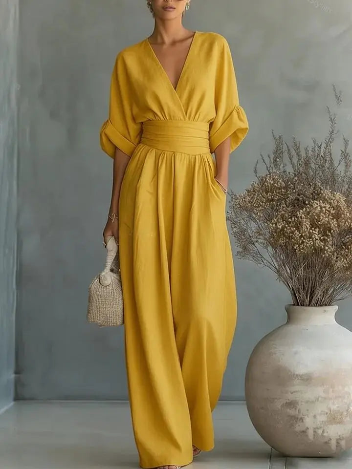 Women's Jumpsuit Fashion High Waist V-neck Casual Jumpsuits Sexy Solid Color Office Wide Leg Trousers Overalls Vacation Outfit