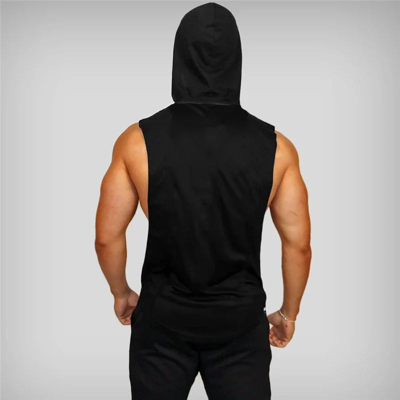 Men’s Fitness Workout Sportswear Tops Bodybuilding Hooded Tank Top Cotton Printed Sleeveless T-shirts Casual Hip Hop Undershirt