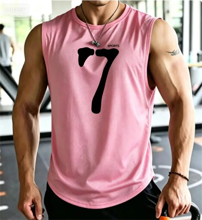 SPORTS 7 New Men Tank Tops Sleeveless Shirt Polyester Mesh Material Quick Dry Breathable Men Workout Fitness Basketball Top Tee