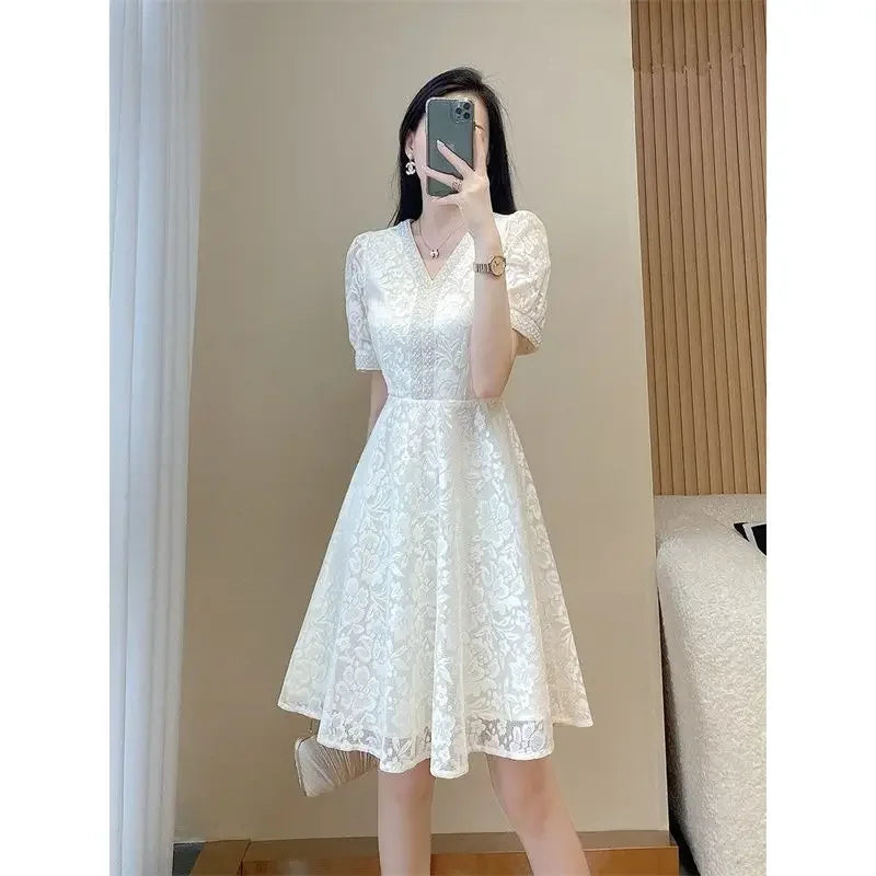 Elegant White Lace Puff Dress