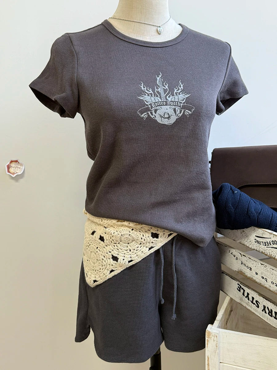 Letter Print Ribbed T-shirts Women Summer Casual Simple Cotton Soft Short Sleeve Tees Vintage Chic Slim Y2K Tshirts