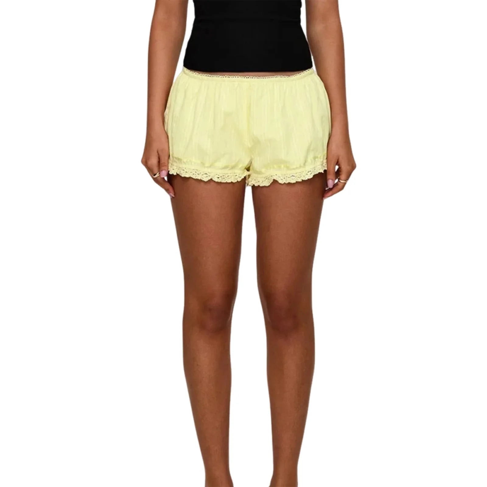 Women Lace Trim Elastic Waist Shorts