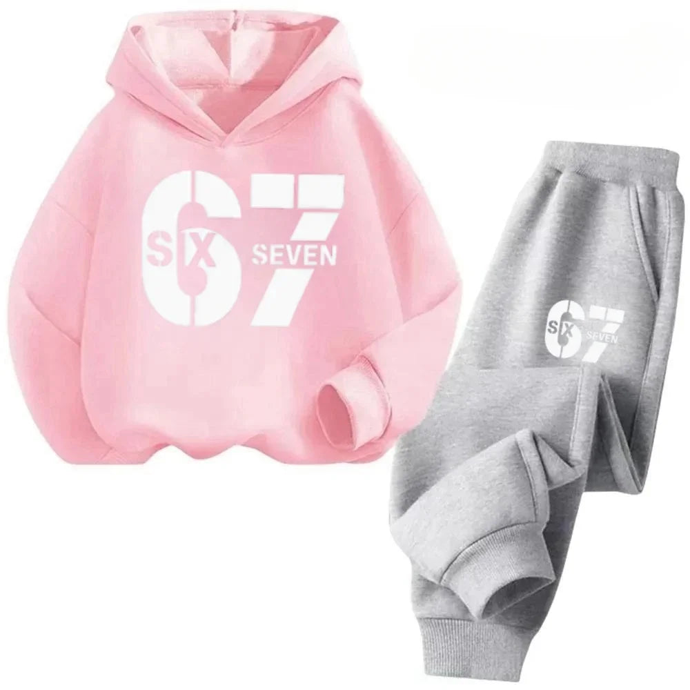 67 Hoodie Set Big Sale, 2-piece Set Suitable for Children Aged 4 To 13, Discounted Cartoon Printed Cotton Sportswear