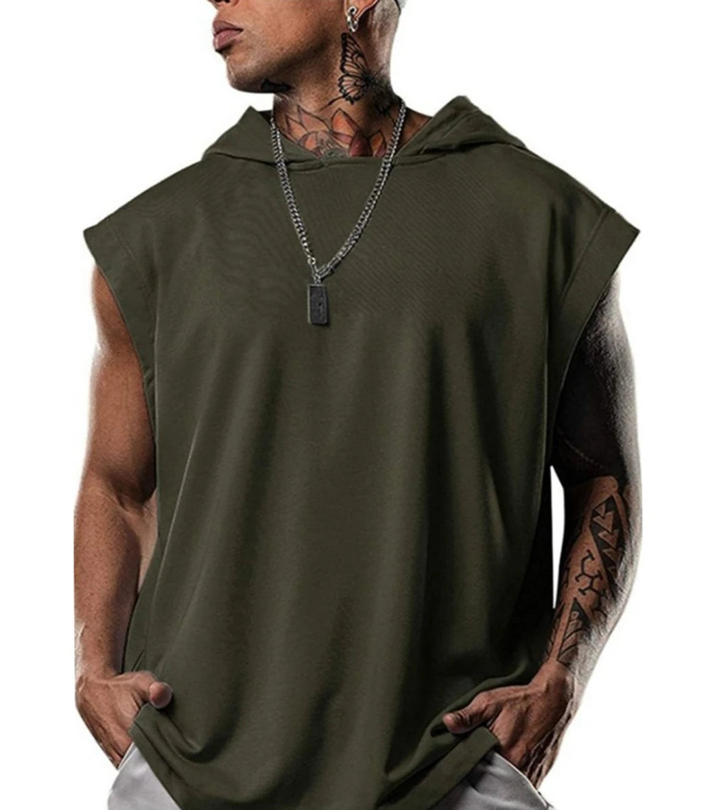 2026 Men Tank Top  Fitness Training Pullover Leisure Fashion Sleeve Men's Hooded Vest Solid Color Tank Tops For Male