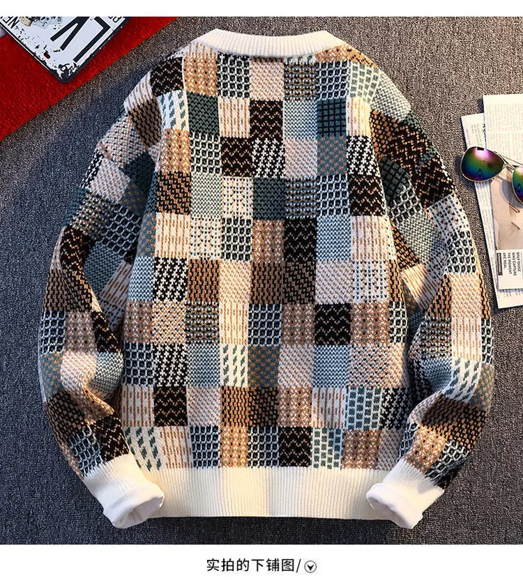 New Fashion Men Plaid Pullover Winter Sweaters Outwear Loose Casual Knitted Sweaters Male O-neck Pullovers Sweatercoats Size 4XL