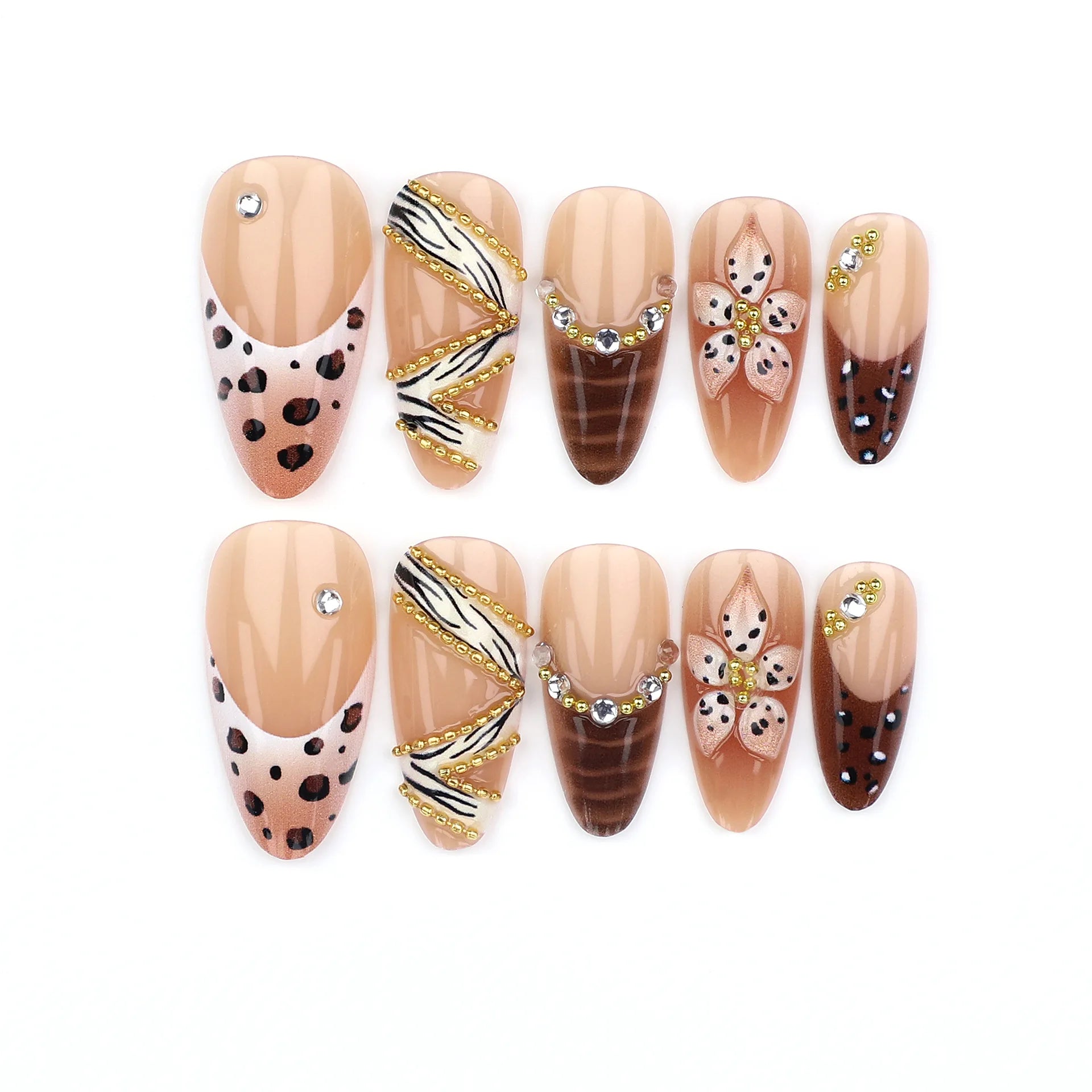Medium fake nails for women Gradient nude brown blue flowers or rhinestones fall winter almond tips press on false nail art set