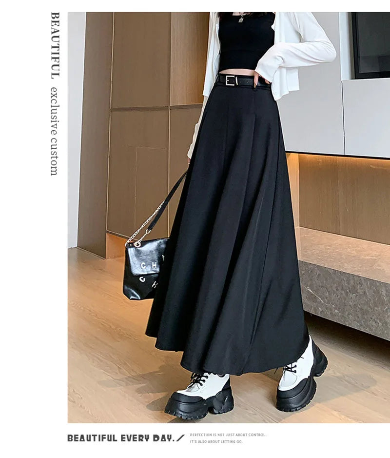 Elegant Skirts for Women Korean Style Long Skirt Female Black Pleated Midi Skirt Women's Clothing Office Lady Skirts Outfits New