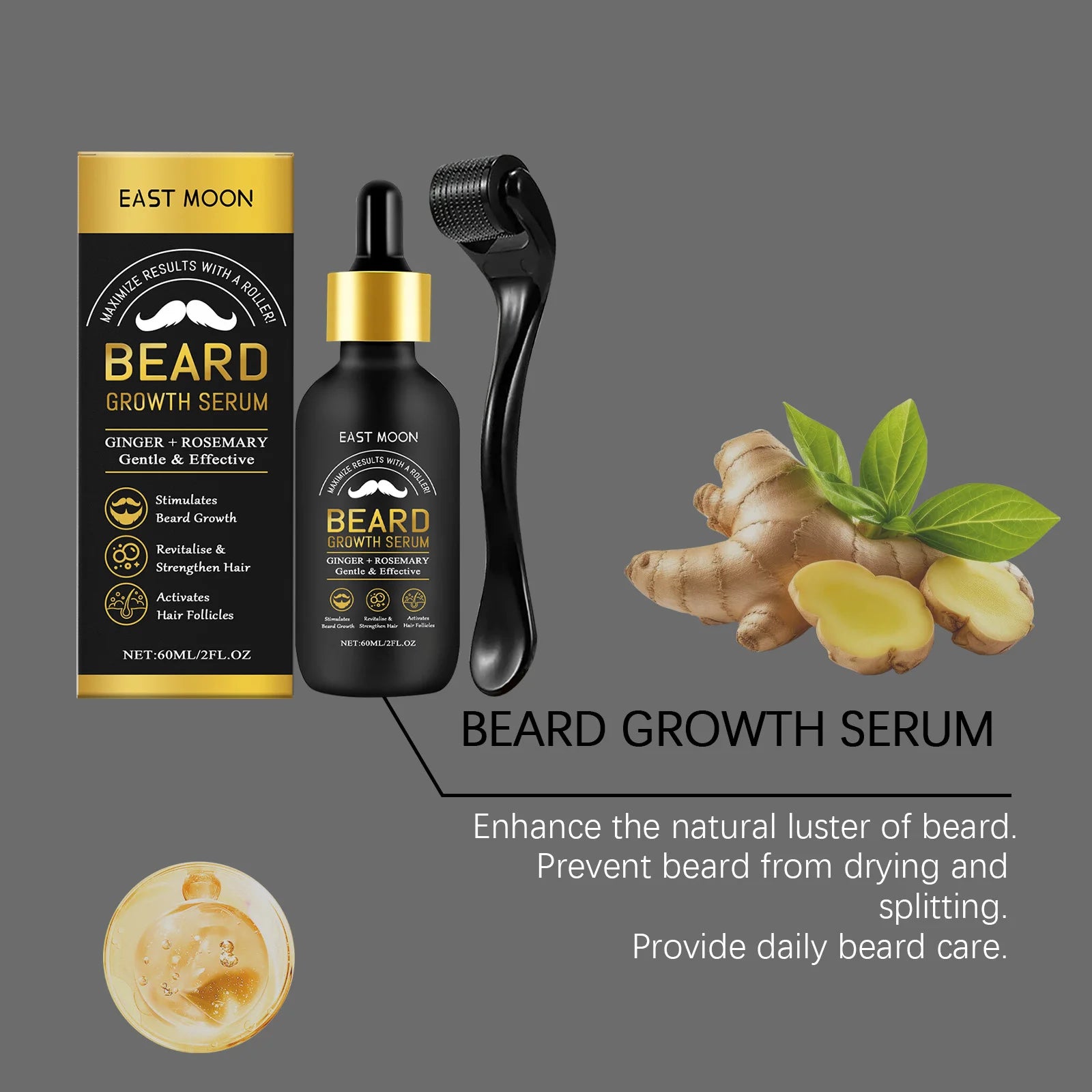 Beard Thickening Care Oil with Roller Ball 0.25mm Strengthen Hair Roots Nourishing Soften Beard Oil for Men Grooming Beard Care