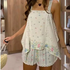 Women's Printed Shorts Set Summer Asymmetric Hem Wide Straps Loose Top Elastic Waist Lace Trim Shorts Fashion Casual 2 Piece Set