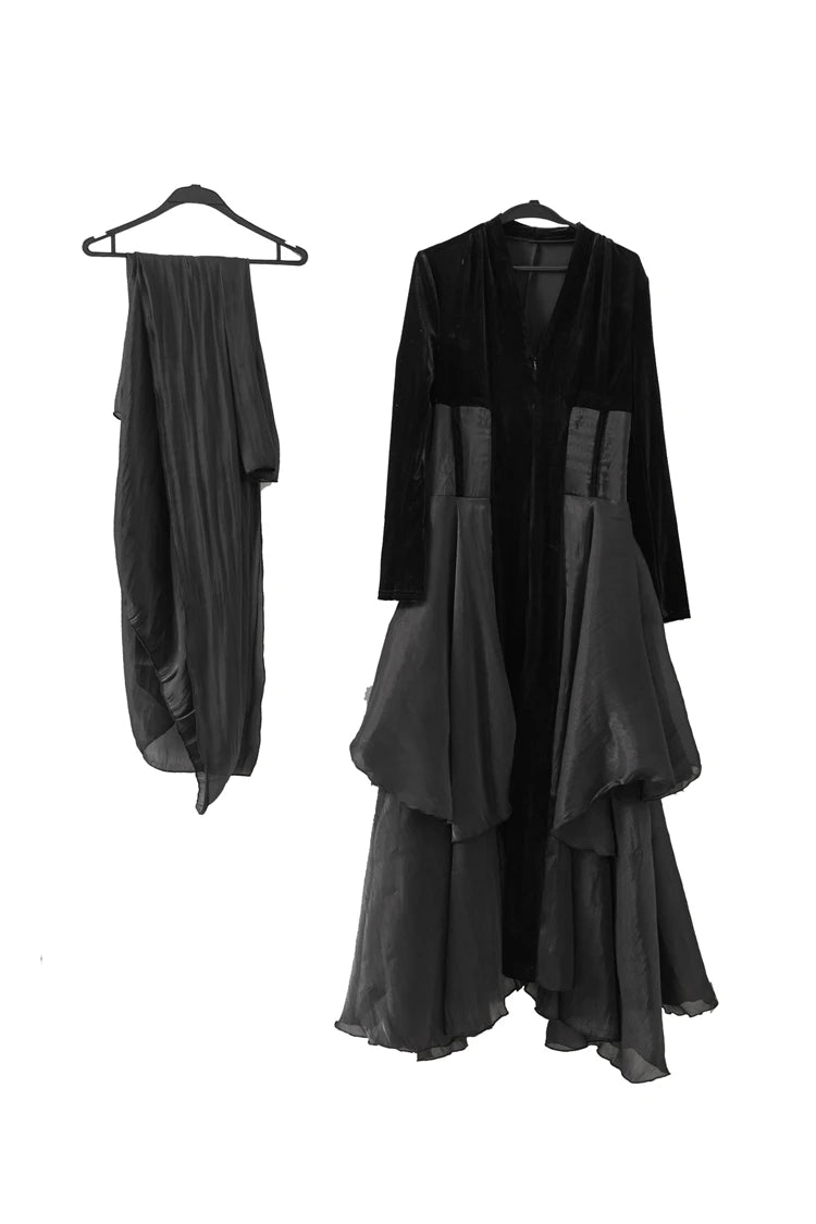 Velvet Ruffle V-Neck Evening Dress