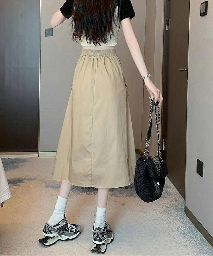 Drawstring Cargo A-Line Midi Skirt