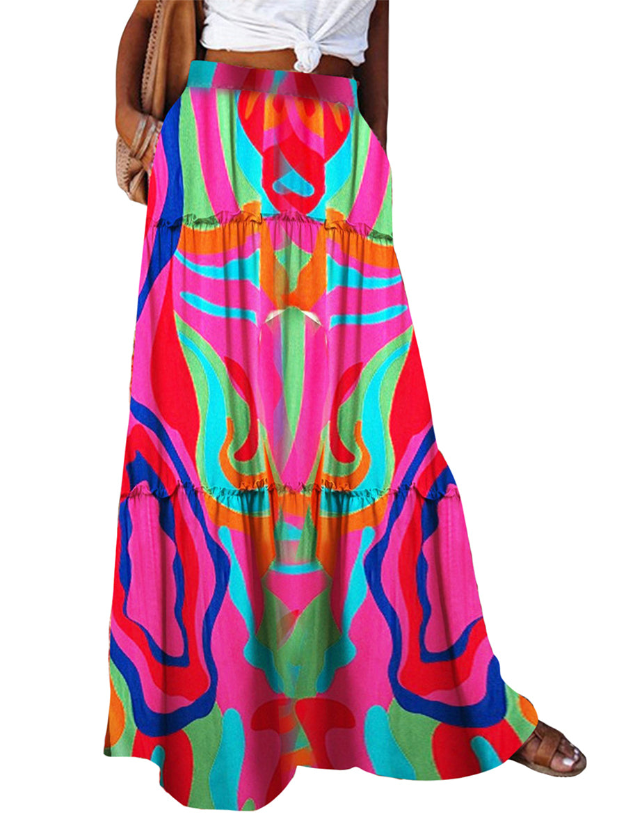 Women's Bohemian Skirts Vintage Elastic High Waist A-Line Skirts Tiered Long Skirts with Pockets