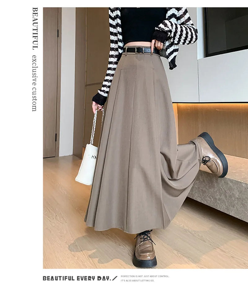 Elegant Skirts for Women Korean Style Long Skirt Female Black Pleated Midi Skirt Women's Clothing Office Lady Skirts Outfits New