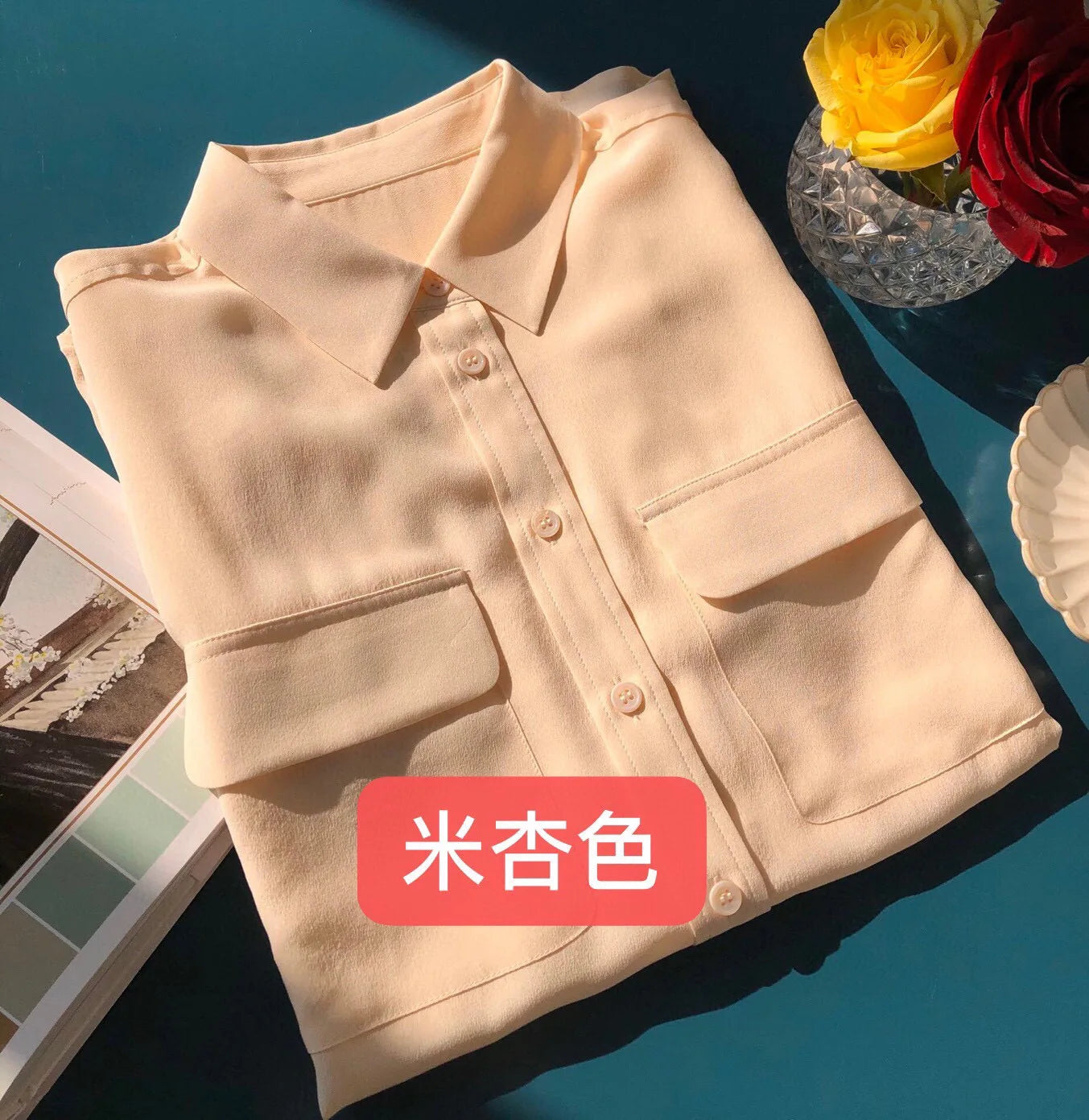 Women Real Silk Shirts Classic Double Pockets Solid Color Casual Fashion Long Sleeve Thin Shirt Blouses Tees