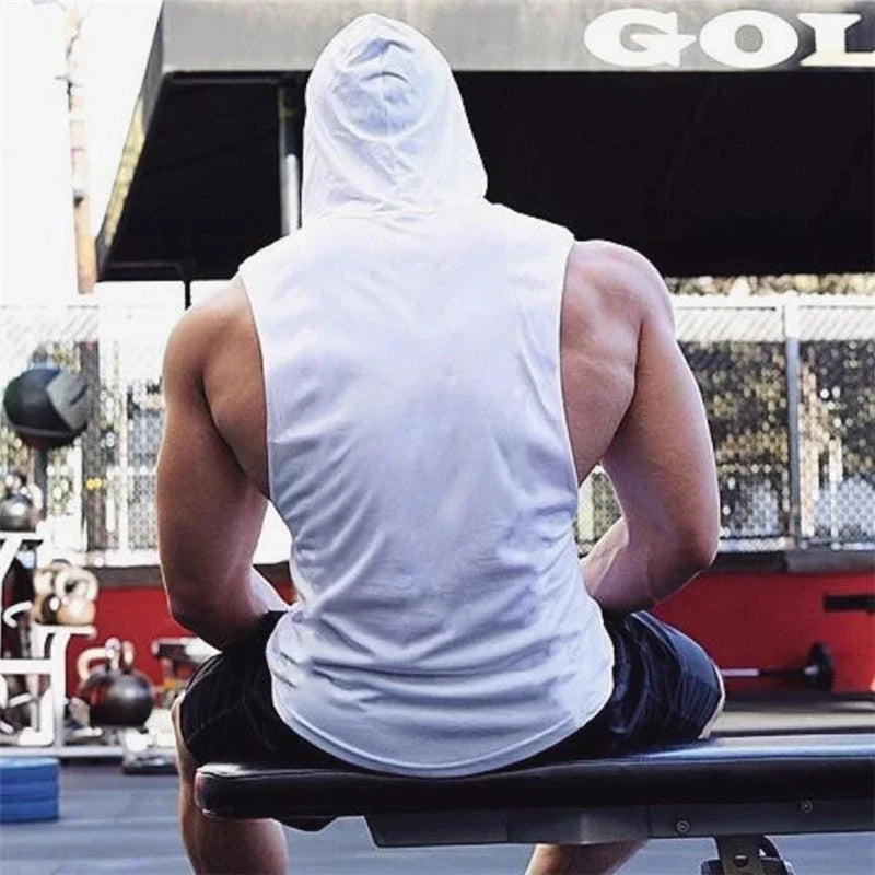 Men’s Fitness Workout Sportswear Tops Bodybuilding Hooded Tank Top Cotton Printed Sleeveless T-shirts Casual Hip Hop Undershirt