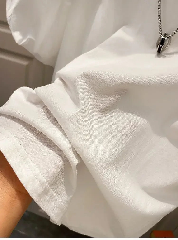 Mujer Cotton Tshirts for Women Summer T-shirts Puff Sleeve O-neck Tees Oversized Tops Fashion Sweet White Tees