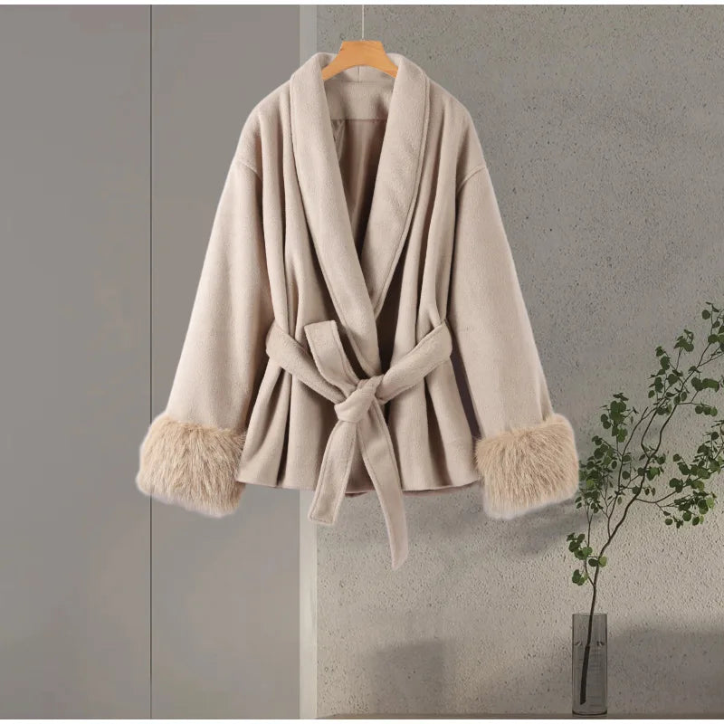 Elegant Women's Lace Up Woolen Coats Solid Full Sleeve Turn-down Collar Loose Lady Coats 2025 Autumn Winter Female Streetwear