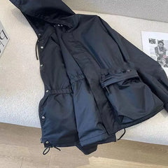 Black jacket for women 2025 autumn new hooded drawstring high-end thin jacket top