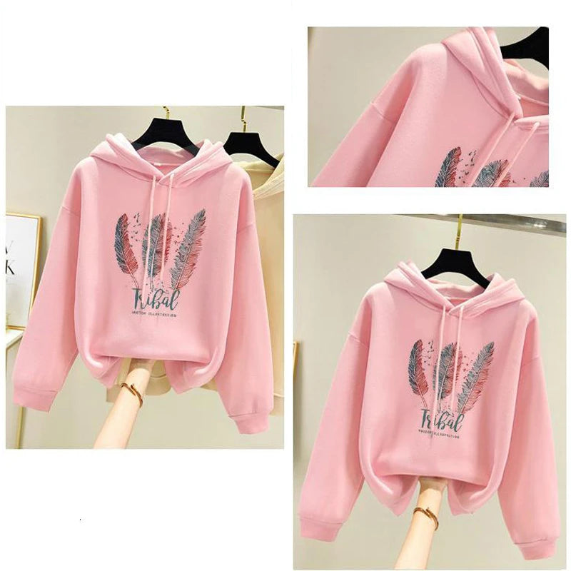 Feather Print Velvet Hooded Sweatshirt