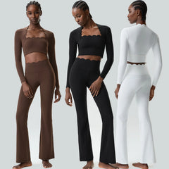 Women Two Pieces Fitness Yoga Set Solid Color Long Sleeve Gym Sportswear Breathable Quick Dry Workout Clothes Female Suit