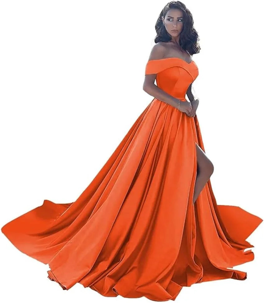 Simple Off Shoulder Satin Evening Gown