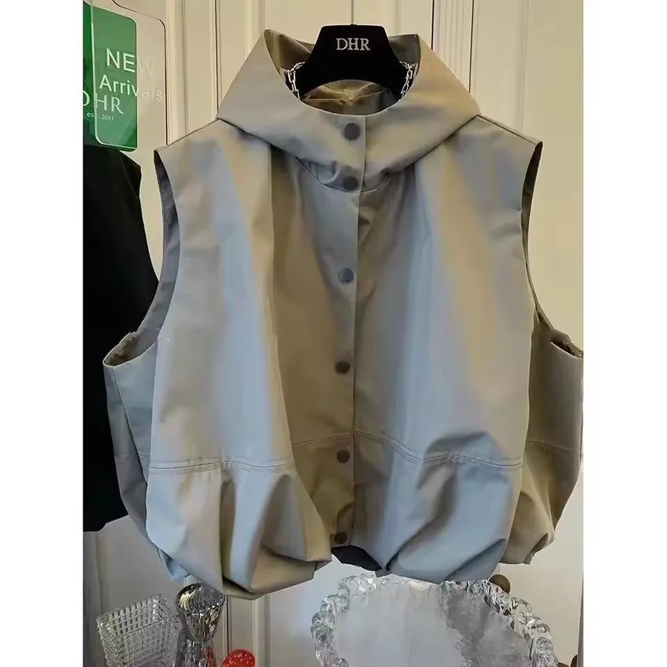 Women Hooded Vests Coats Single Breasted Loose Casual Tops Spring Autumn Korean Simple All-match Breathable Waistcoat