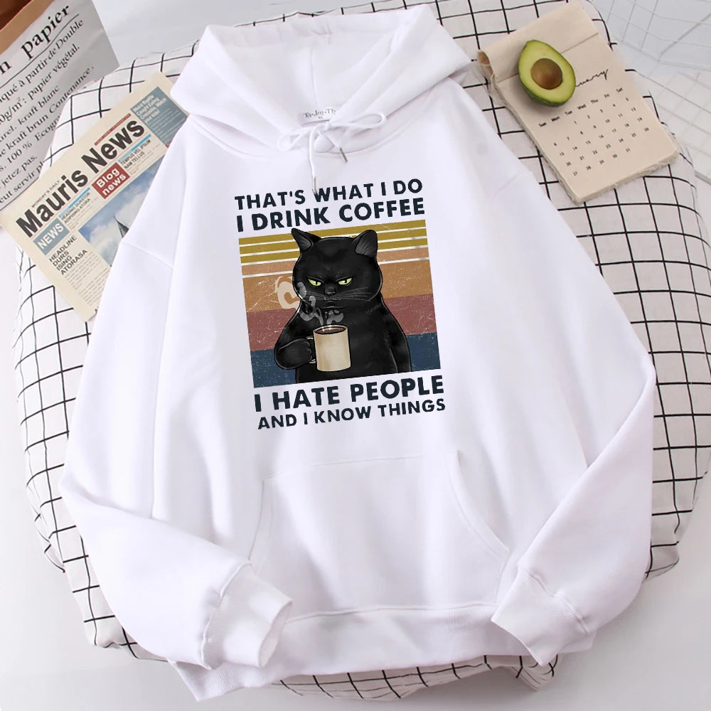 Men's fashion hoodie, high-quality cat drinking coffee print hoodie, fashionable casual hoodie, Harajuku hoodie