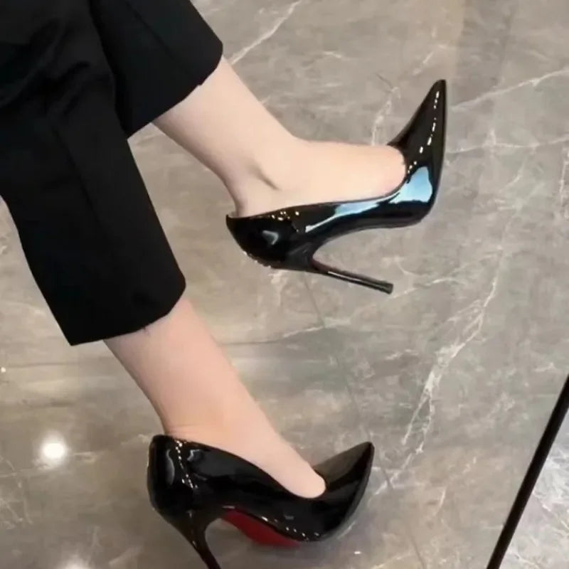 High Heels Women's Slim Heels New Stunning and Sexy Wedding Shoes Black Patent Pointed Single Shoes High Heels Туфли Женские