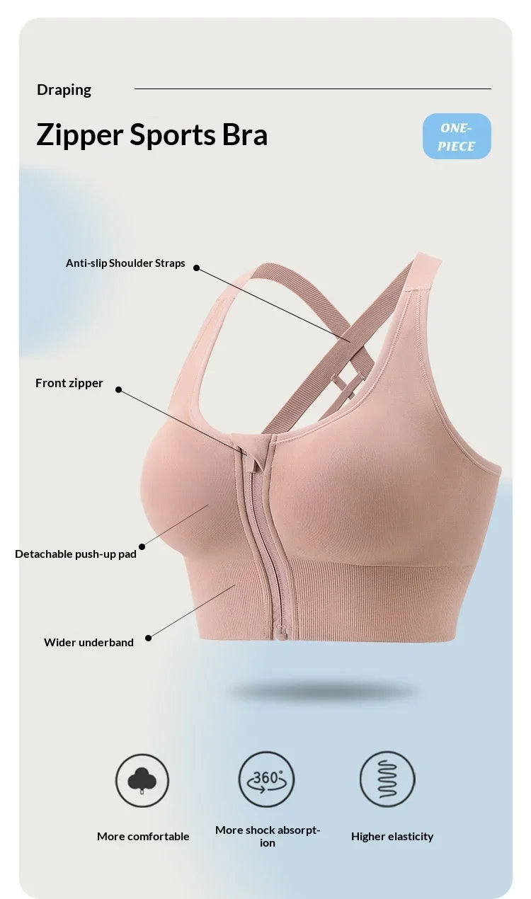 High-strength Shockproof Front-zip High Elasticity Anti-sagging Plus-size 100% Nylon High Support Seamless Sports Bra Beautiful