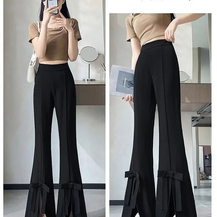Women's Wide-Leg Pants High-Waisted with Bow Tie Detail Side Slits