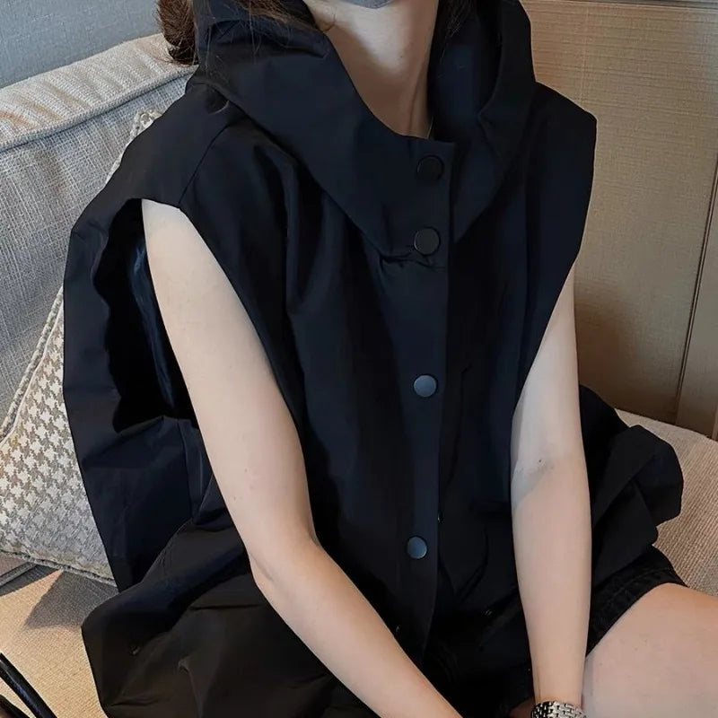 Women Hooded Vests Coats Single Breasted Loose Casual Tops Spring Autumn Korean Simple All-match Breathable Waistcoat