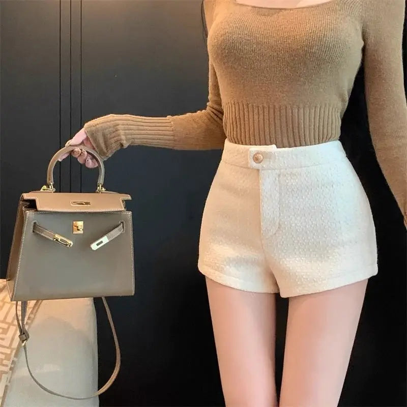 High Waist A Line Wool Shorts