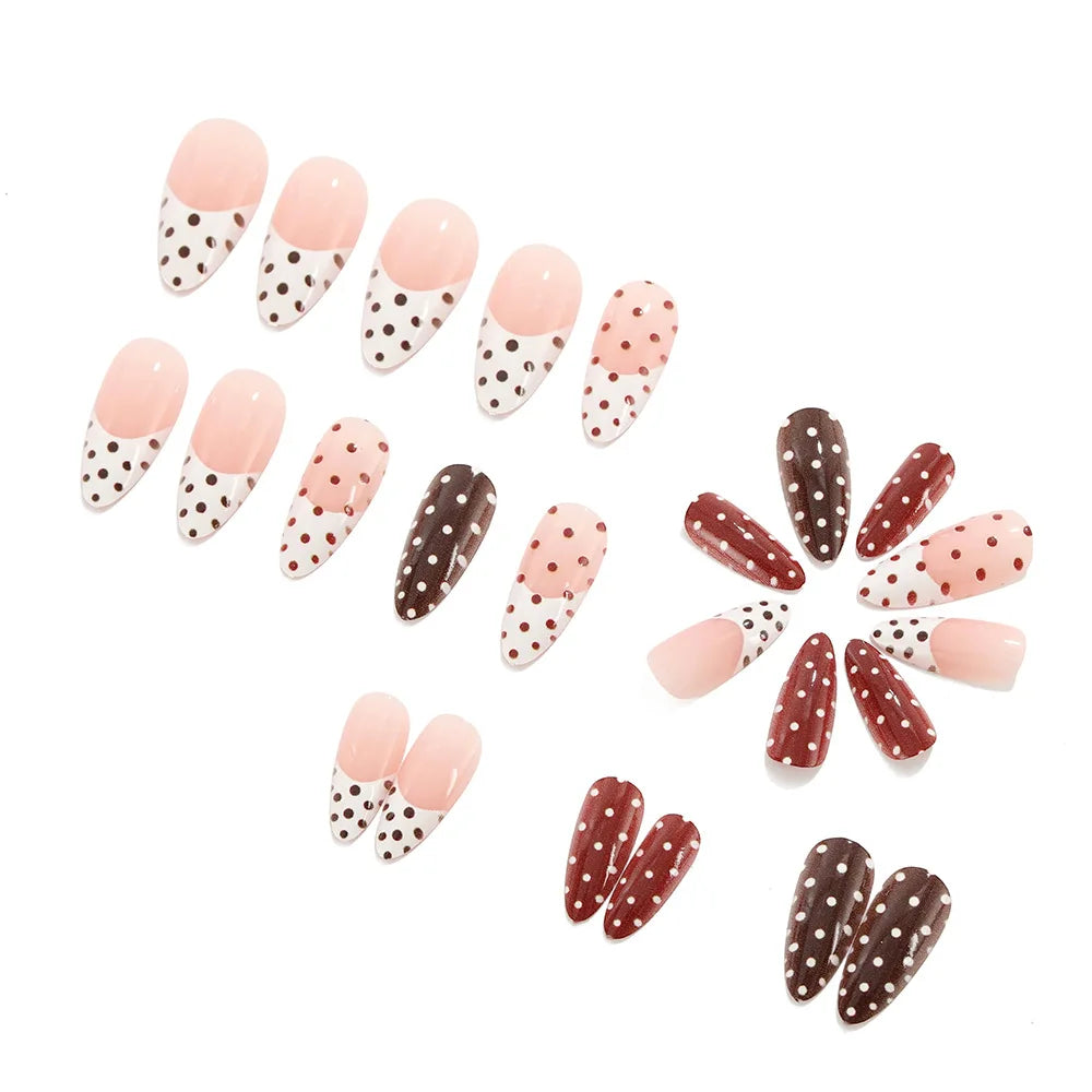 Medium long fake nails for women girls pink white black red blue brown polka dots design almond ballet tips press on false nail