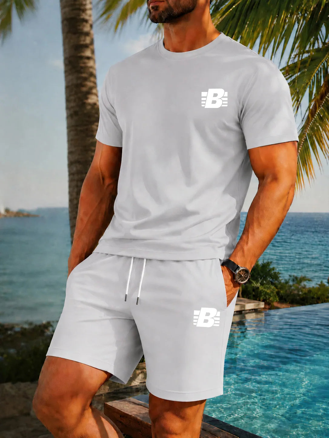 Men's 2-Piece Tracksuit Casual Sportswear Set Short Sleeve T-Shirt + Shorts Quick Dry Breathable Gym Fitness Running Outfit
