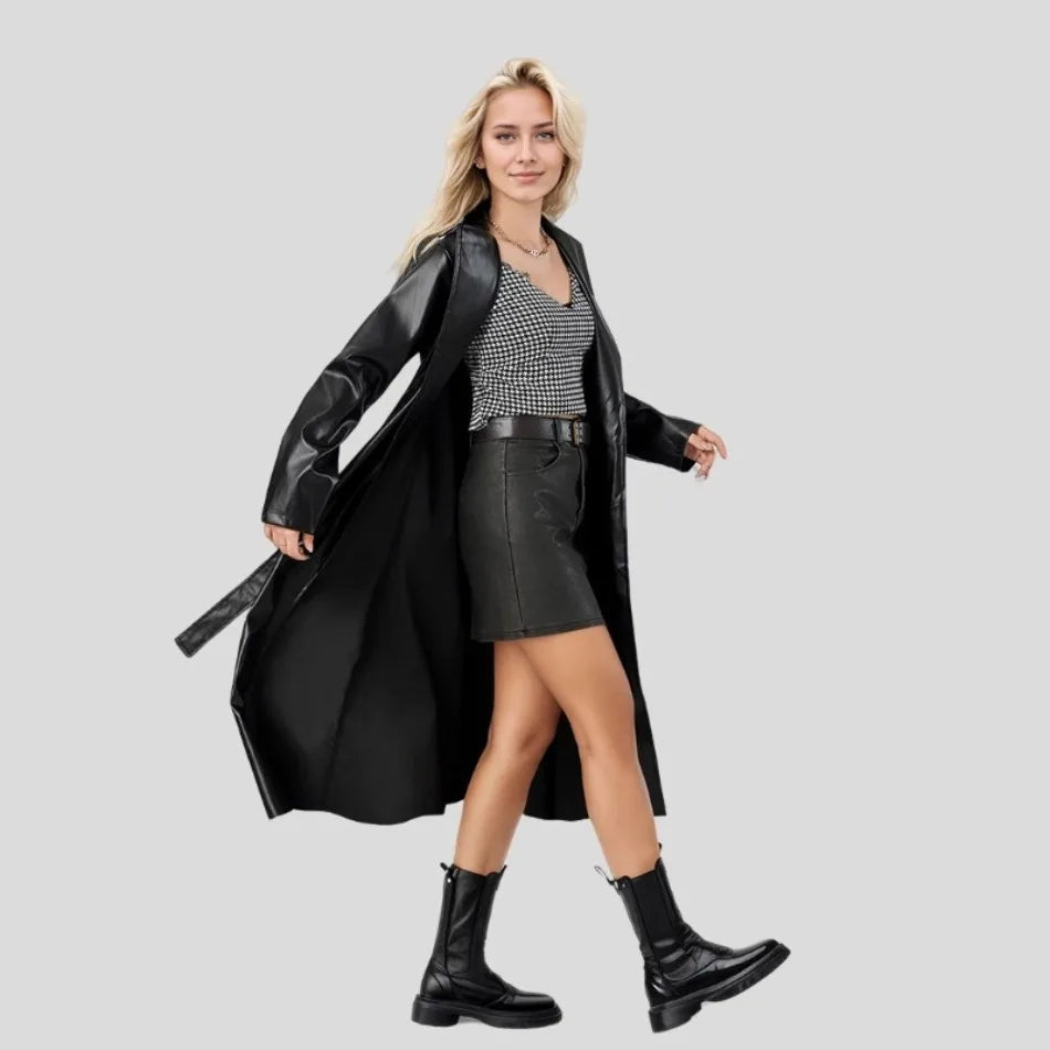 Fashion Turn Down Collar Pu Coat Work Street Wear Tight Waist Jacket Outerwear Women Mid Length Coats Faux Leather Jackets