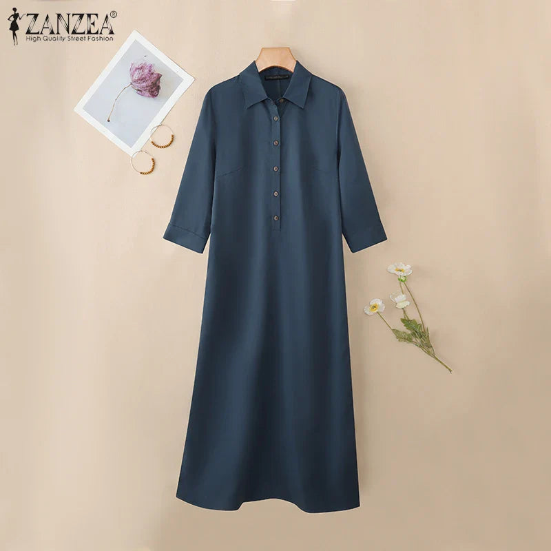 Elegant Lapel Solid Midi Dress